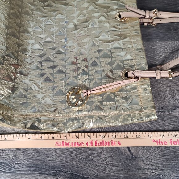 Michael Kors MK Logo Mirror Metallic Gold Monogram Luxury Tote Bag Purse Large - Picture 11 of 13